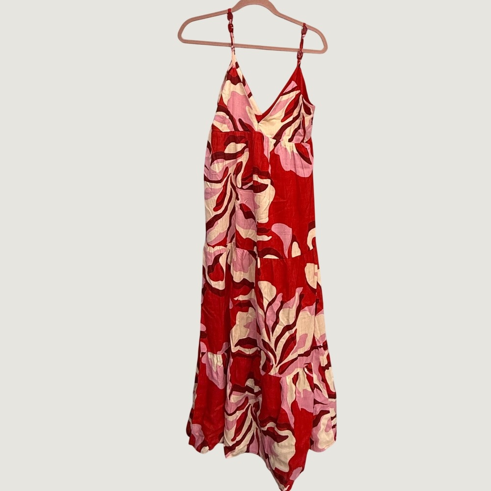 True Destinations Red Pink Abstract Floral Maxi Dress beach resort small NWT